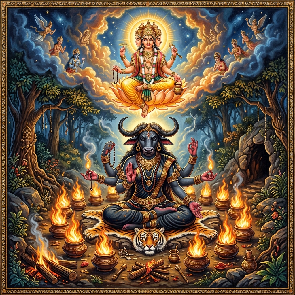 Mahishi performing penance to Lord Brahma